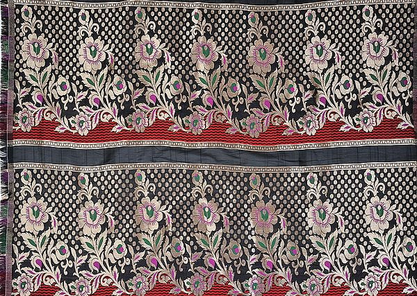 Black Banarasi Brocaded Fabric from Banaras with Woven Flowers and Polka Dots