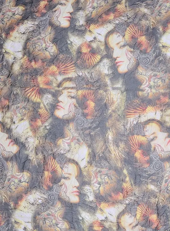 Beige and Black Fabric with Digital Printed Lady Figures