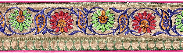 Magenta Banarasi Katan Fabric Border with Embroidered Flowers and Leaves