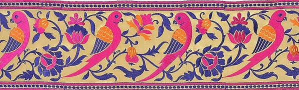 Dodama Wide Border from Banaras with Hand-woven Parrots and Flowers