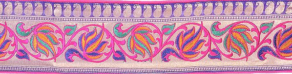 Banarasi Katan Fabric with Hand-woven Flowers and Leaves
