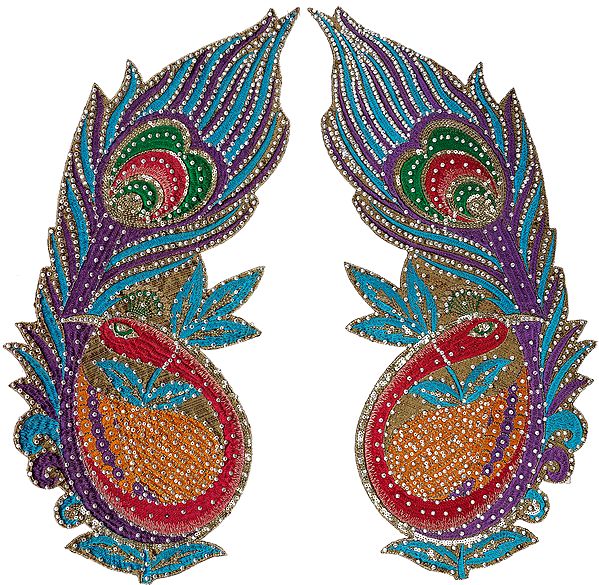 Pair of Multi-Color Embroidered Giant Peacock Patches with Beads