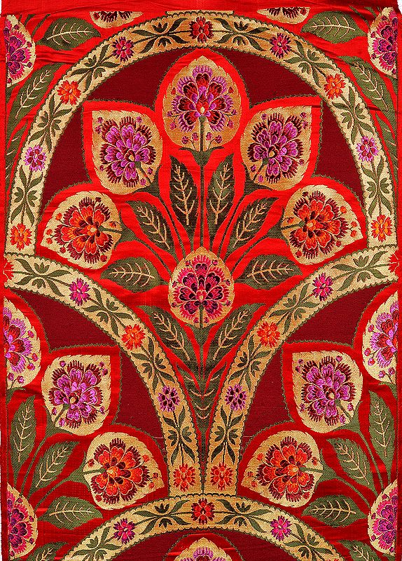 Cordovan and Red Brocade Fabric from Banaras with Woven Flowers and Zari Weave by Hand