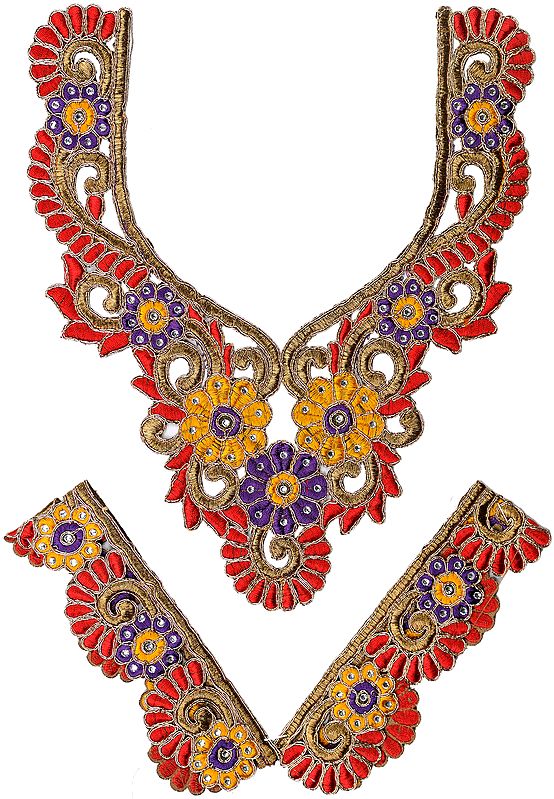 Tri-Color Floral Embroidered Neck and Sleeves Patch with Cut-work