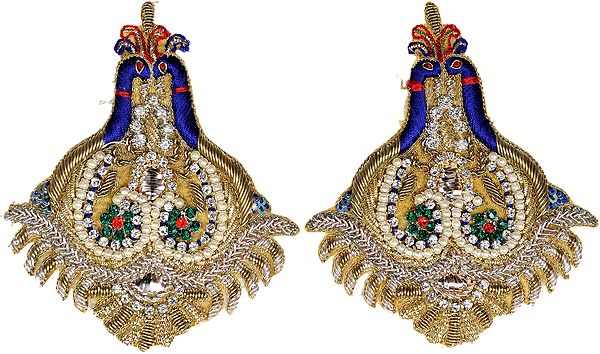 Pair of Blue Embroidered Peacock Patches with Stones and Pearls