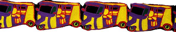 Purple and Yellow Designer Fabric Border with Embroidered Auto-Rickshaw