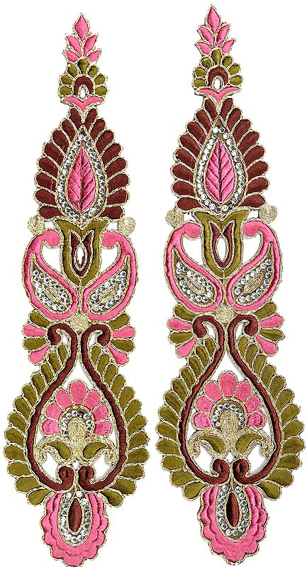 Pink and Green Pair of Embroidered Floral Patches with Cut-work