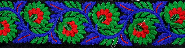 Jet-Black Fabric Border with Parsi Embroidered Flowers