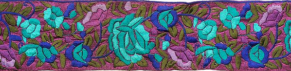 Dahlia-Mauve Fabric Border with Parsi Floral Embroidery