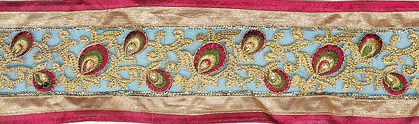 Floral Wide Border with Embroidered Peacock-Wings and Sequins