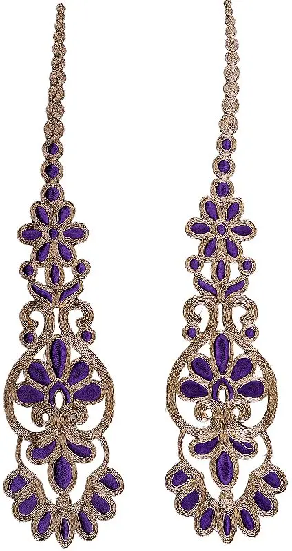 Dark-Purple Long Floral Patch with Metallic-Threadwork (Pair)