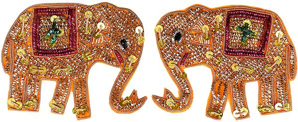 Pair of Golden Elephant Zardozi Patches with Sequins