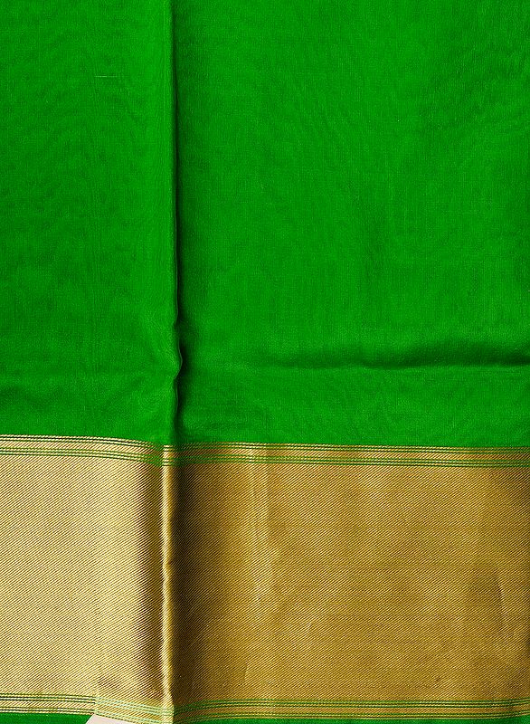 Vibrant-Green Plain Banarasi Fabric with Woven Golden Zari Border