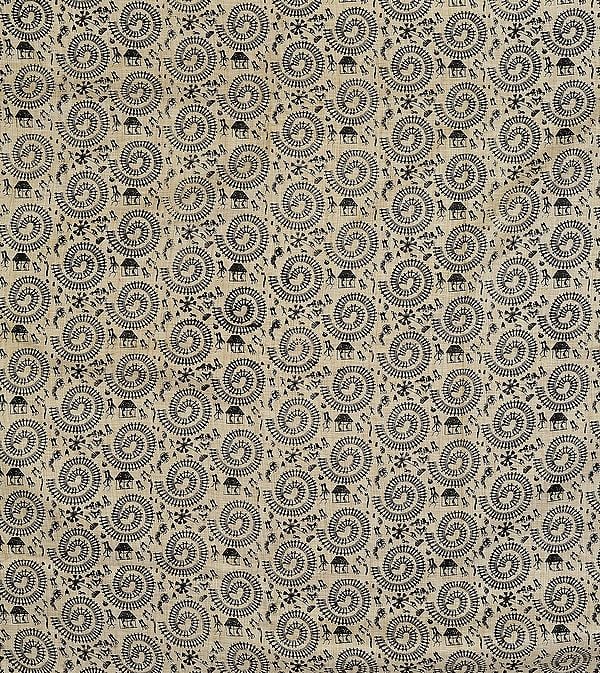 Beige-colored Warli Fabric with Block-Printed Chakra of Life
