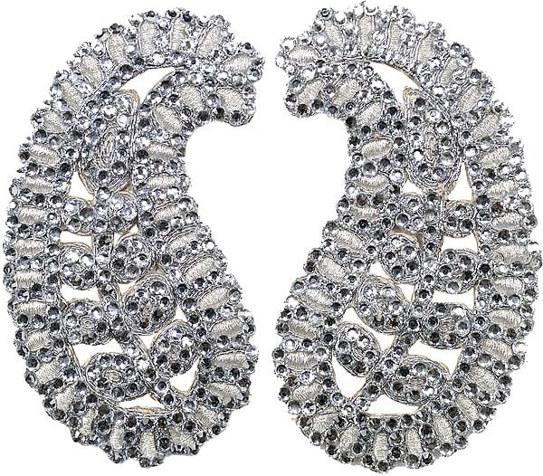 Silver Paisley Patch Embroidered with Beads (Pair)