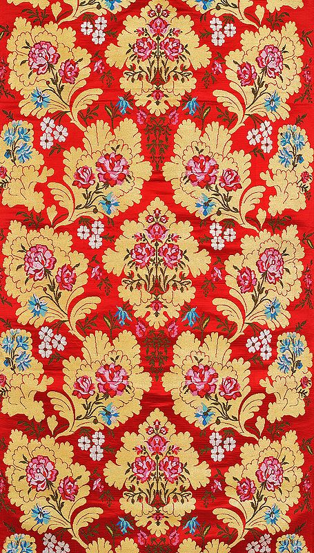True-Red Fabric from Banaras with Woven Flowers and Zari Weave by Hand
