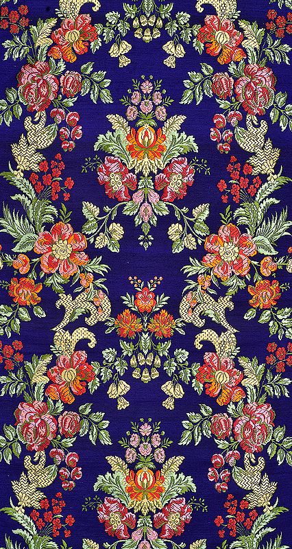 Mazarine-Blue Floral Handloom Fabric from Banaras