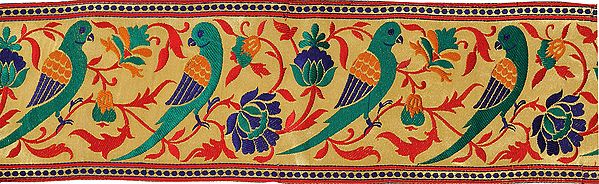 Golden Zari Wide Fabric Border from Banaras with Hand-woven Parrots