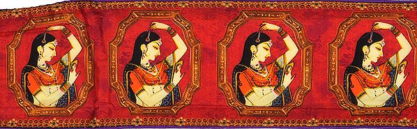 Claret-Red Fabric Border with Digital-Printed Women Applying Vermilion