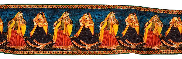 Mosaic-Blue Fabric Border with Digital-Printed Dancing Women
