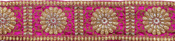 Fabric Border with Embroidered Flowers in Golden Thread