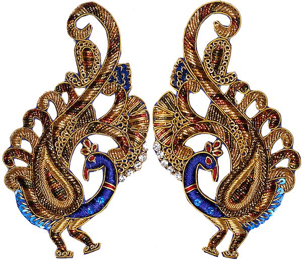 Golden and Blue Pair of Zardozi Peacock Patches