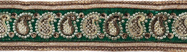 Alpine-Green Velvet Fabric Border with Zari-Embroidered Paisleys and Sequins