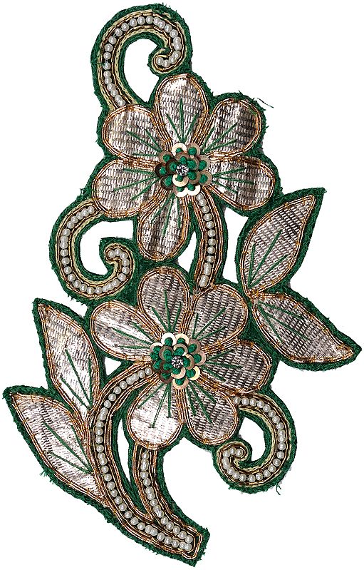 Golden and Green Twin Flowers Embroidered Patch with Thread-work