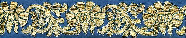 Dutch-Blue Fabric Border with Floral Embroidery in Golden Thread