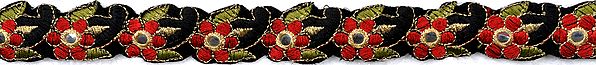 Black and Red Narrow Fabric Border with Embroidered Flowers and Mirrors