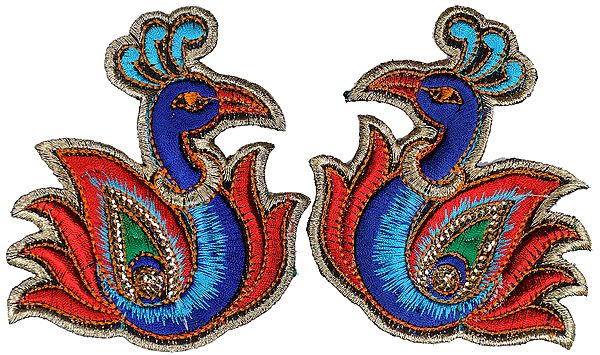 Blue and Red Pair of Embroidered Peacock Patches with Sequins