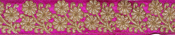 Vivid-Viola Fabric Border with Embroiderd Flowers in Golden Thread