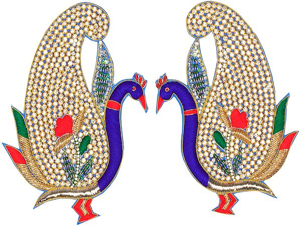 Golden and Blue Pair of Zardozi Peacock Patches with Embellished Crystals