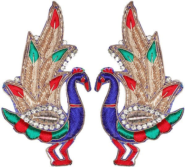 Pair of Zardozi Peacock Patches with Embellished Crystals