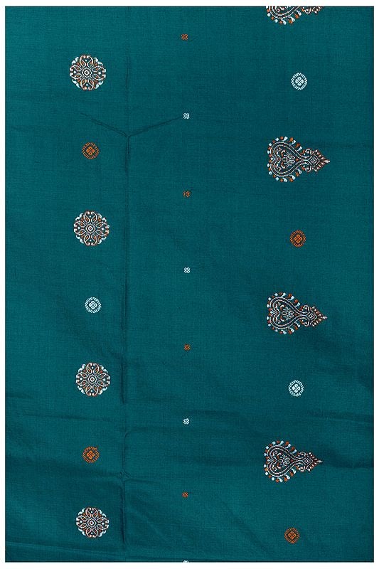 Shaded-Spruce South-Cotton Handloom Fabric from Karnataka with Hand-Woven Motifs