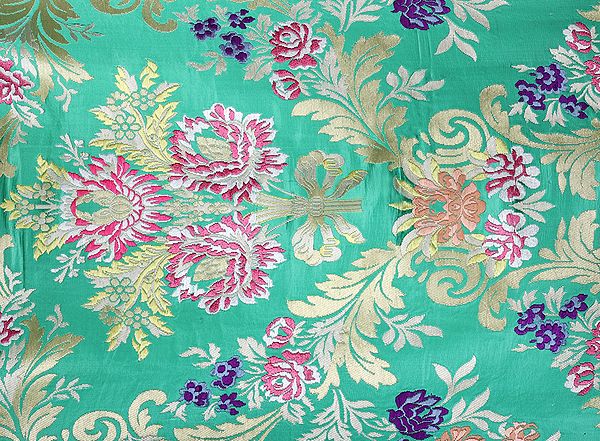 Holly-Green and Golden Kim-khwab Banarasi Handloom Silk Fabric from the House of Kasim