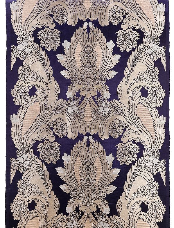 Mazarine Blue Handloom Fabric from Banaras with Arabesque Pattern