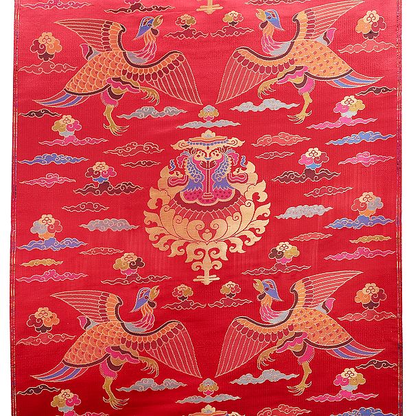 Racing-Red Handloom Brocade Silk Fabric from Banaras with Auspicious Tibetan Motifs