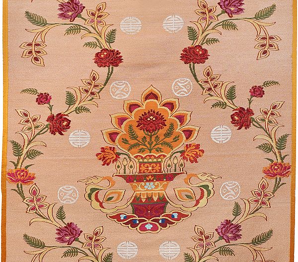 Peach-Fuzz Handloom Silk Fabric from Banaras with Tibetan Floral Motifs