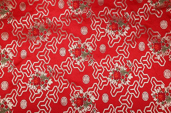 Mars-Red Brocade Fabric from Banaras with Woven Flowers