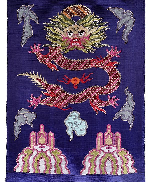 Deep-Ultramarine Hand-woven Tibetan Dragon Brocade Patch from Banaras