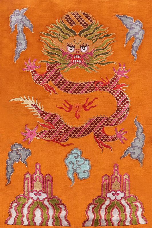 Golden-Oak Hand-woven Tibetan Dragon Brocade Patch from Banaras