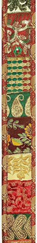 Garnet-Rose Embroidered Fabric Border with Patchwork and Self-Weave