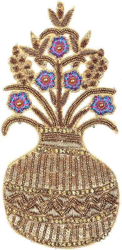 Zari-Embroidered Flower Pot Patch with Sequins and Beads