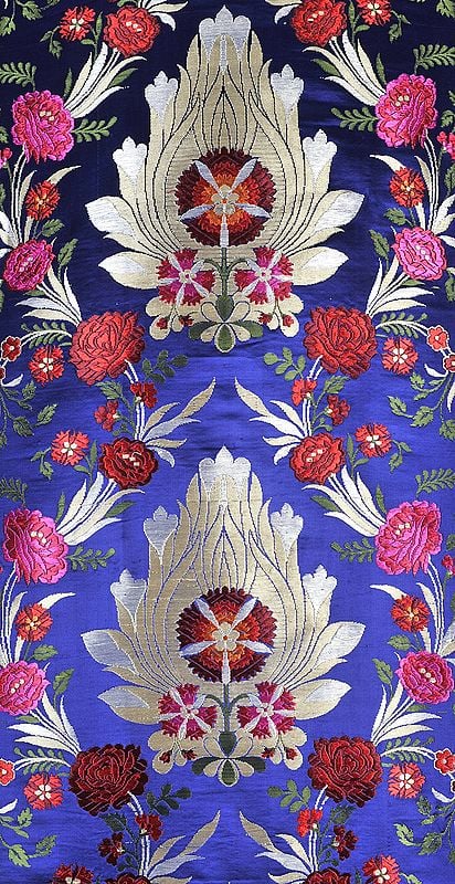 Skipper-Blue Tibetan Brocade Fabric from Banaras with Hand Woven Roses All-Over