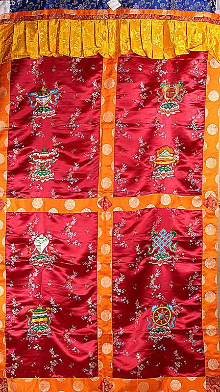 Embroidered Ashtamangala (Eight Auspicious Symbols of Buddhism, Tib. bkra shis rtags brgyad) - Tibetan Altar Curtain with Hanging Brocade Atop