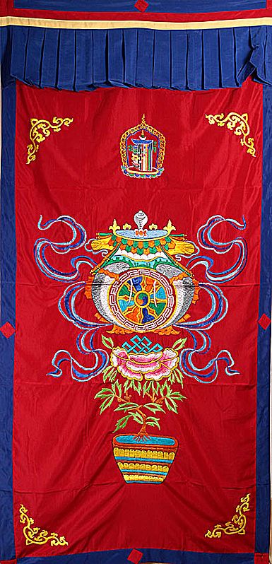 Tibetan Altar Curtain with Embroidered Ashtamangala (Eight Auspicious Symbols of Buddhism, Tib. bkra shis rtags brgyad) and The Ten Powerful Syllables of The Kalachakra Mantra