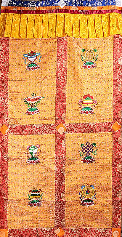 Tibetan Altar Curtain with Embroidered Ashtamangala (Eight Auspicious Symbols of Buddhism, Tib. bkra shis rtags brgyad)