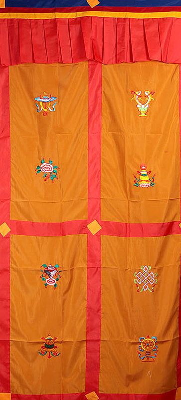 Tibetan Buddhist Altar Curtain with  Embroidered Ashtamangala (Eight Auspicious Symbols of Buddhism, Tib. bkra shis rtags brgyad)