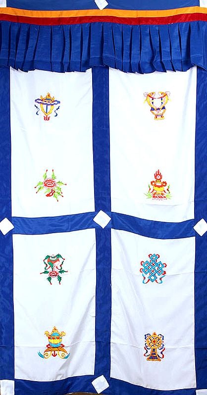 Embroidered Ashtamangala (Eight Auspicious Symbols of Buddhism, Tib. bkra shis rtags brgyad) - Tibetan Altar Curtain